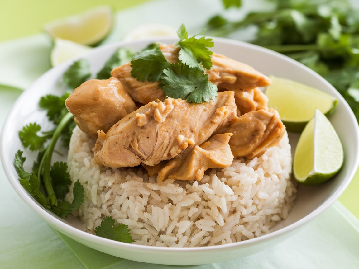 Coconut Chicken Rice Bowl: A Healthy and Delicious Choice A Coconut Chicken Rice Bowl with chicken in coconut milk over jasmine rice, garnished with cilantro and lime.